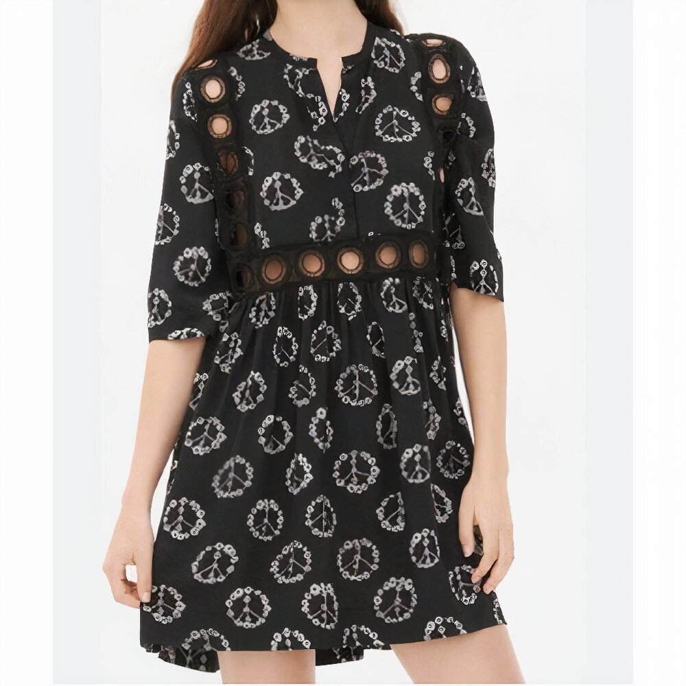 Sandro Black 100% Silk Peace and Flower Mini Dress - Sz M/L